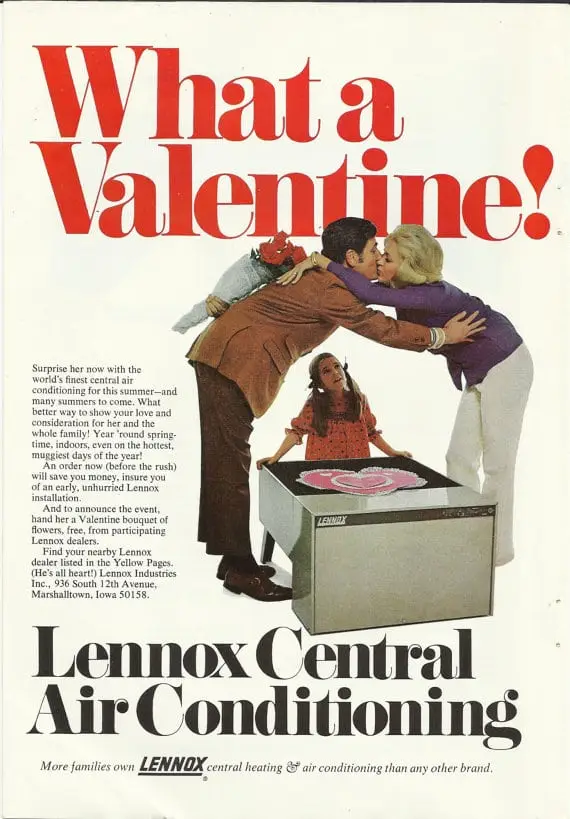 lennox ac ad romantic and vintage 1950s illustration of man suffering heat at desk without air conditioning