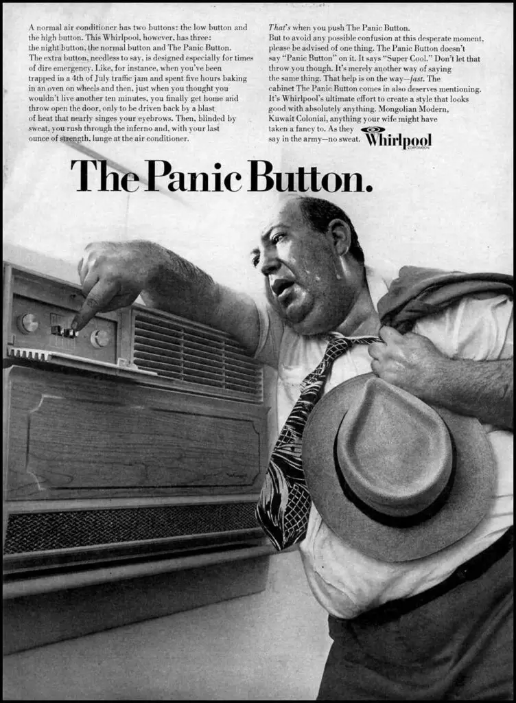 whirlpool ad 1960s panic button ac cooling 1960s Whirlpool air conditioner ad with panic button for quick cooling